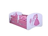 Happy Babies Kinderbett Happy Kinderbett mit Rausfallschutz und Bettschublade Bett für Mädchen 160x80 mit Matratze Weiß Rose Bett Prinzessin