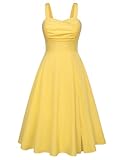 Damen Spaghetti Blumenkleid Midi A-Linie Partykleid Rockabilly Cocktailkleid Sommerkleid mit Schlitz Hellgelb L