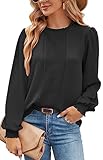 Odosalii Bluse Damen Elegant Musselin Schwarz Herbst Oberteile Sexy Stehkragen Langarm Lockerer Falten Shirt Karriere Hemden Tops