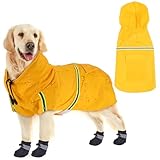 Halinuia Regenmantel Hund Wasserdicht Regenjacke Coole Gelb Hunderegenmantel mit 4 Hundeschuhe, Hunde Regenmantel für Großer Hund(L)