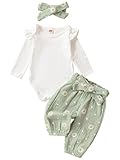 TiaoBug Baby Mädchen Kleidung Set Langarm Body mit Blumenmuster Lange Hose und Schleife Stirnband 3 Pcs Herbst Winter Babykleidung Hellgrün 50-56