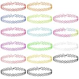 Andibro Elastische Halskette Set, 16 Stück Regenbogen Stretch Tatto Halskette Choker Kette Damen Vintage Punk Gothic Tatto Mehrfarbiger Kette Gummi Halsband 90er jahre accessoires für Mädchen