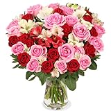 Blumenstrauß Rosenwunder, Rosen und Inkalilien, Rot, Weiß, Rosa, Qualität vom Floristen, handgebunden, perfekte Geschenkidee bestellen