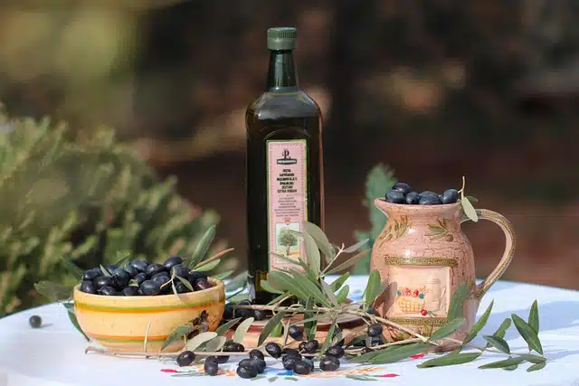 Olivnöl mit Zweig vom Olivenbaum.