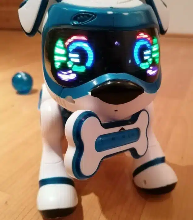 Der Roboterhund spielt natürlich auch sehr gern. In diesem Fall mag der Teksta seinen Knochen.